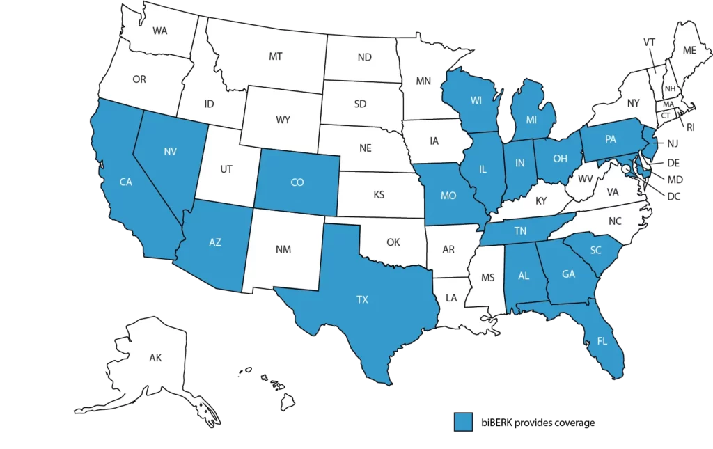 biBERK provides commercial auto coverage for the blue states in the map below.
