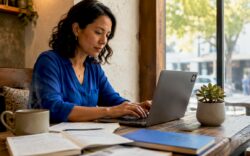 Woman writing SEO content on laptop at desk