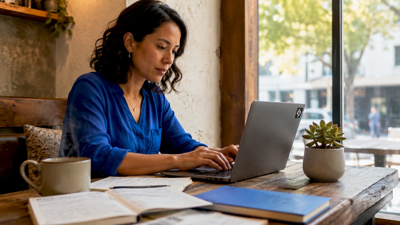 Woman writing SEO content on laptop at desk