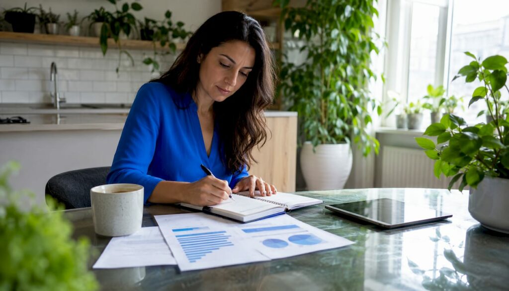 Entrepreneur writing business goals at home office