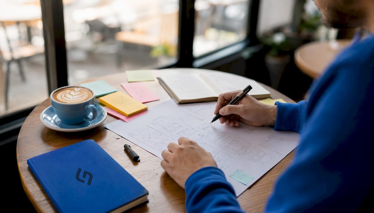 Hands sketching UX wireframes on desk