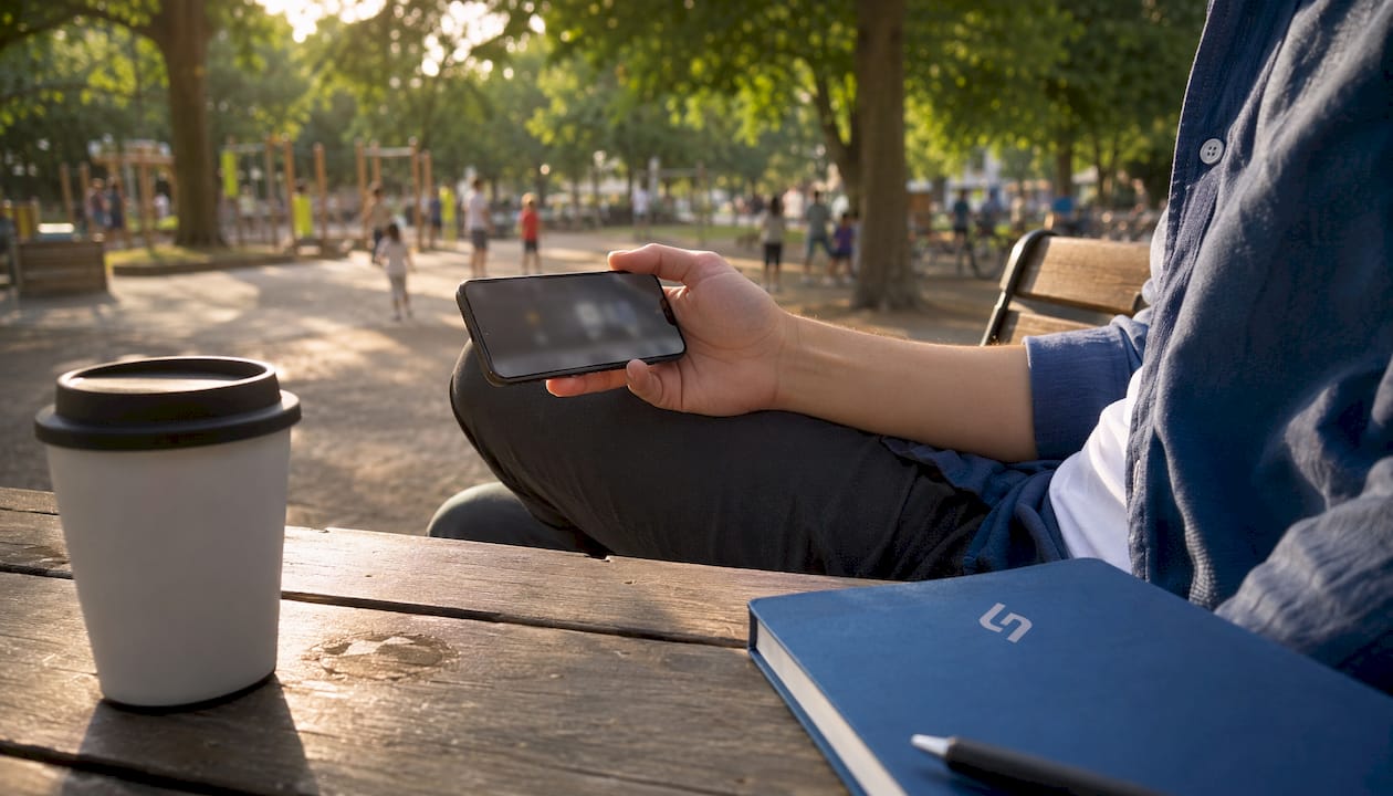 Hand holding smartphone displaying landing page