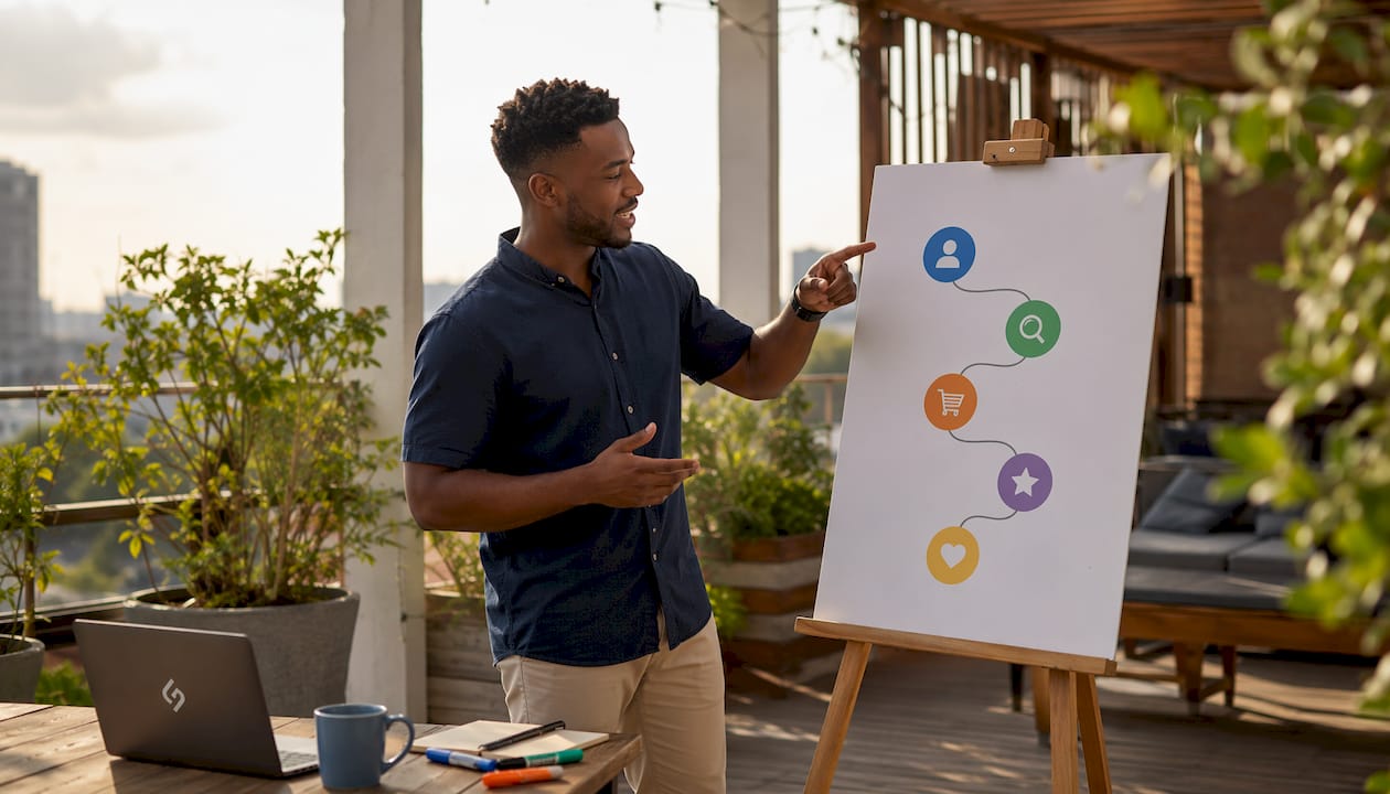 Marketing manager explaining customer journey stages