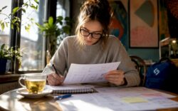 UX designer reviewing wireframes in home office