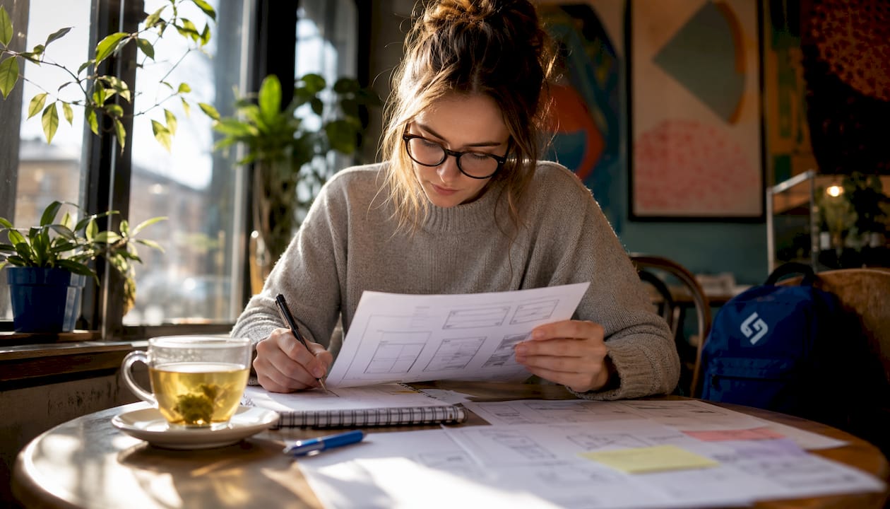 UX designer reviewing wireframes in home office