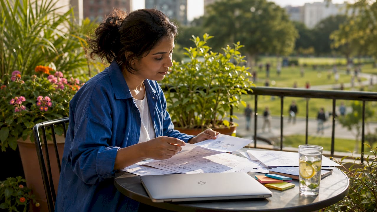 UX designer reviewing printed research notes