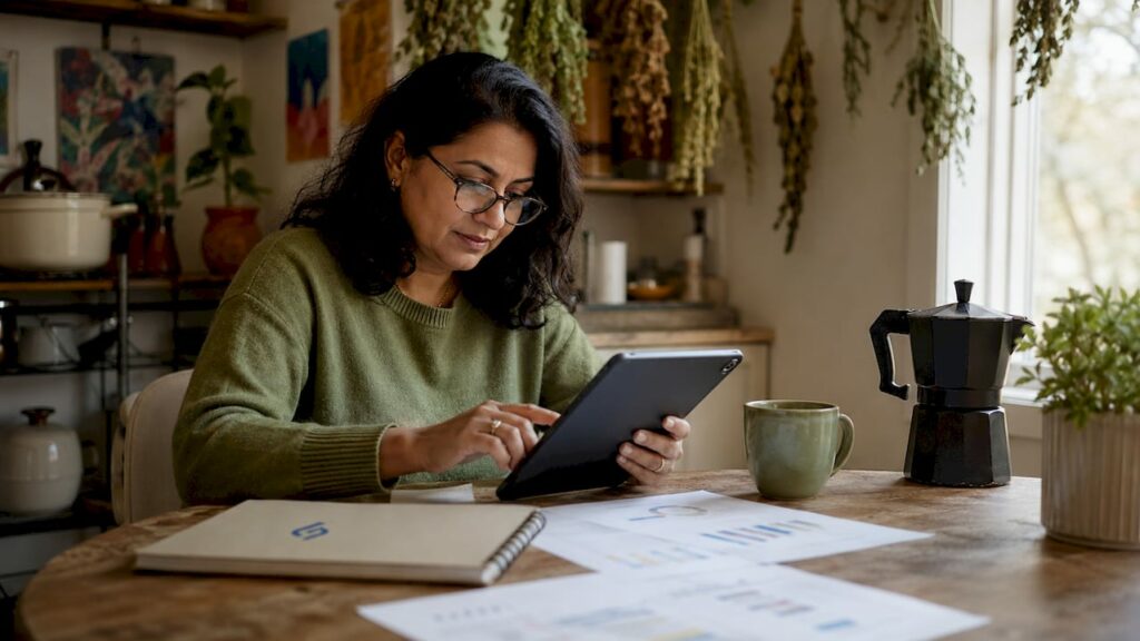 Woman analyzing AI customer data at home office