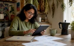 Woman analyzing AI customer data at home office