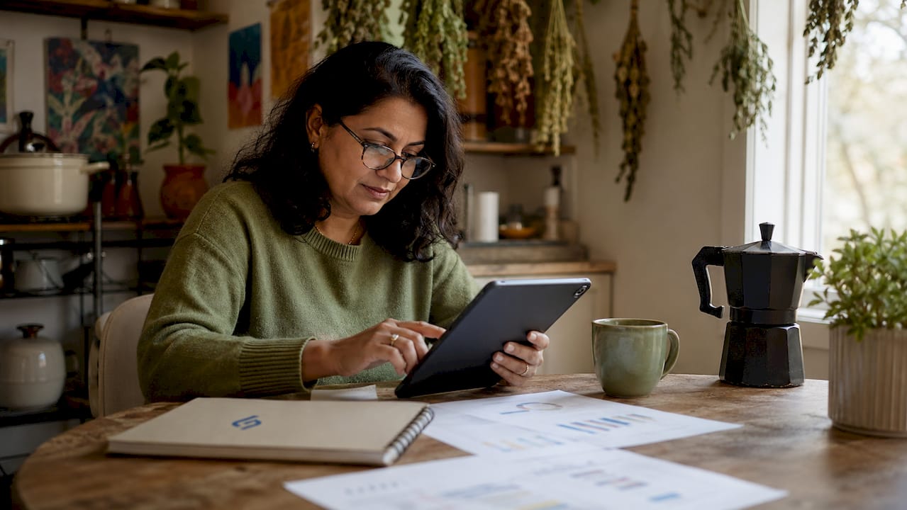 Woman analyzing AI customer data at home office
