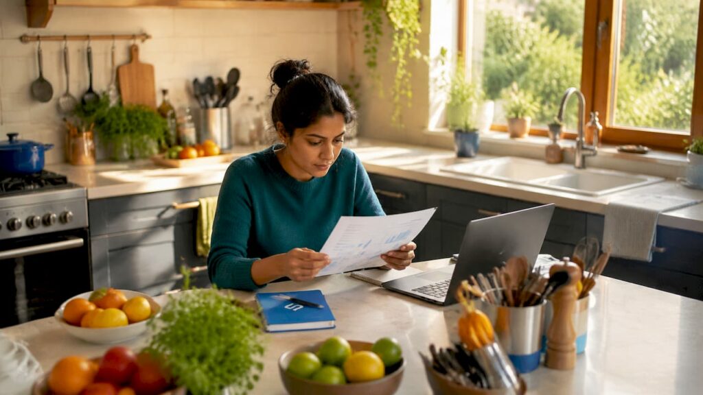 Woman reviewing content marketing strategy documents
