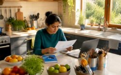 Woman reviewing content marketing strategy documents