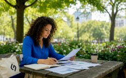 Entrepreneur reviewing sustainability audit papers