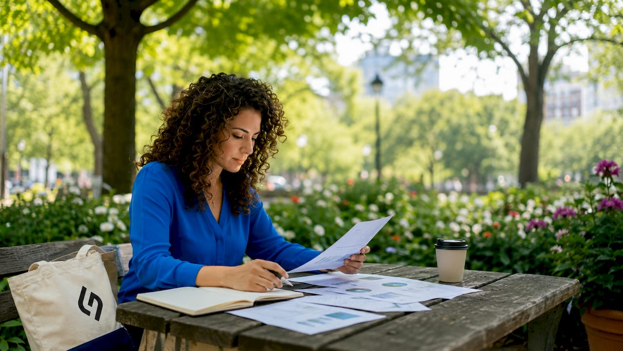 Entrepreneur reviewing sustainability audit papers