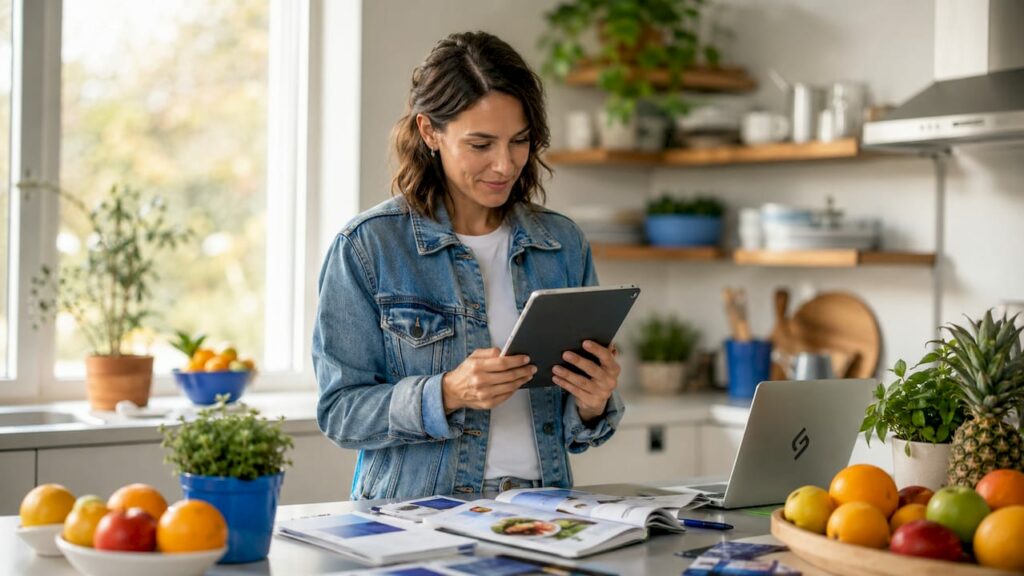 Small business owner reviewing online presence on tablet