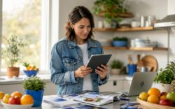 Small business owner reviewing online presence on tablet