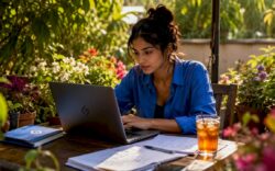 Woman analyzing digital marketing data on laptop
