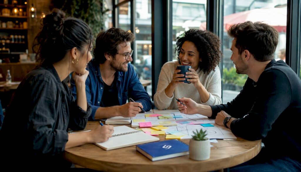 Team collaborating on branding strategy in office