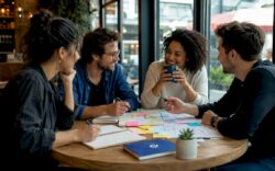 Team collaborating on branding strategy in office