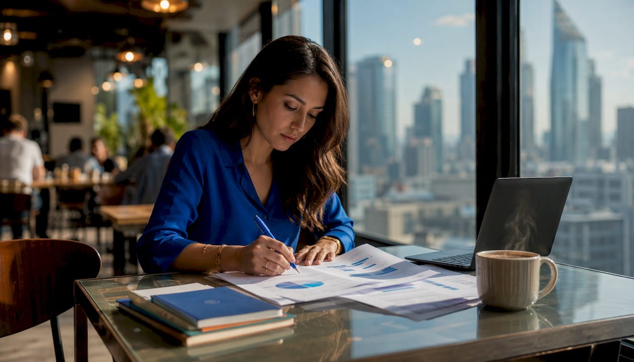 Marketing strategist reviewing conversion reports at desk