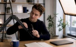 Content creator adjusting microphone for video shoot