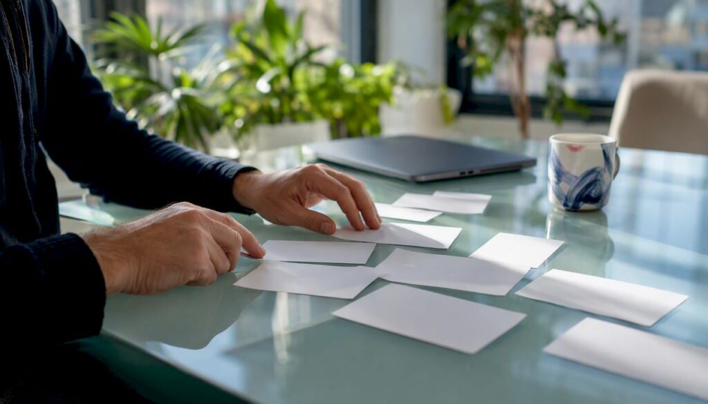 Hands arranging transformation planning cards on desk