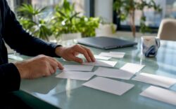 Hands arranging transformation planning cards on desk