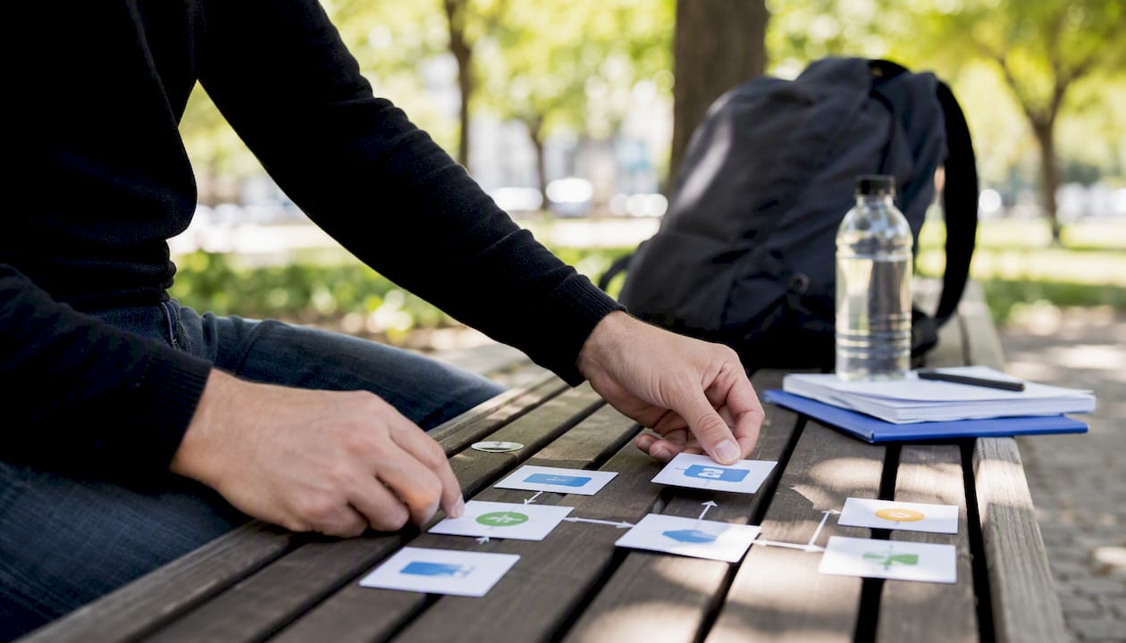 Hands arranging workflow cards on desk