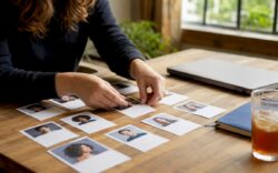 Hands sorting buyer persona cards on table