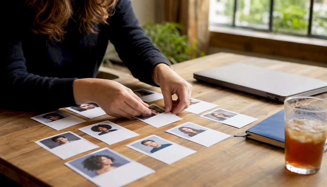Hands sorting buyer persona cards on table