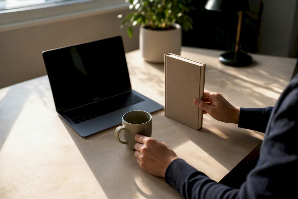 Hands arranging desk items for deep work