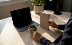 Hands arranging desk items for deep work