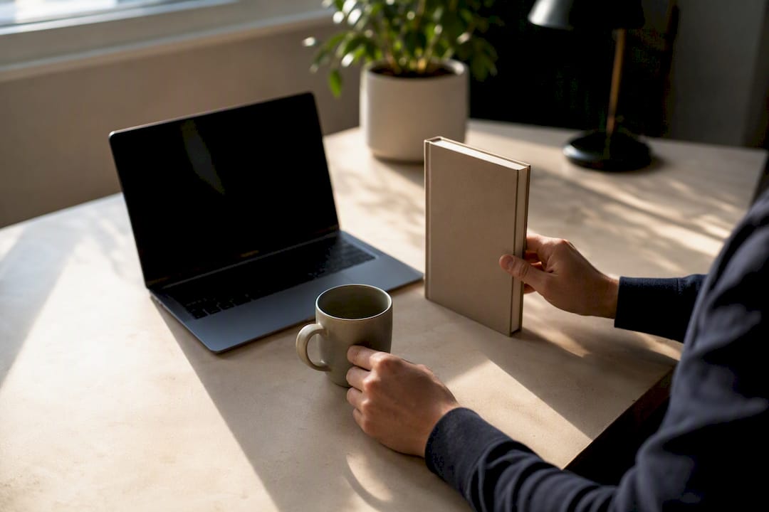 Hands arranging desk items for deep work
