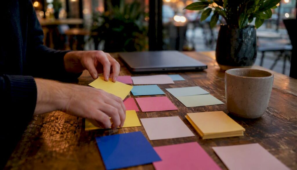 Hands sorting SEO strategy cards on desk