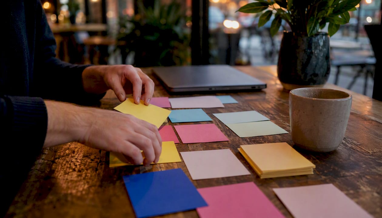 Hands sorting SEO strategy cards on desk
