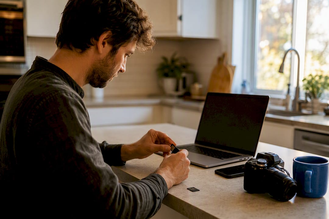 Workspace with laptop and camera lens for responsive images