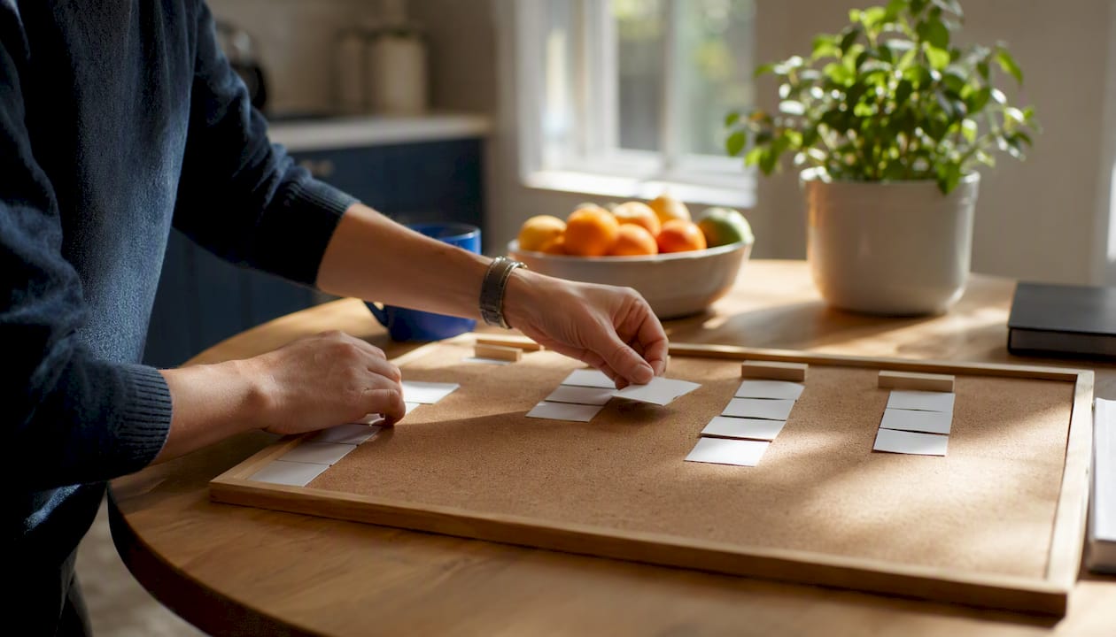 Hands moving cards on personal Kanban board