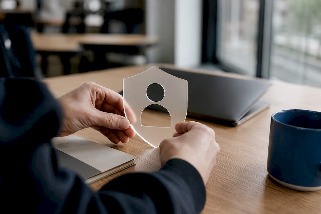 Hands holding privacy shield icon on table