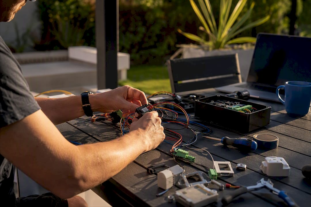 Hands connecting tech cables for automation setup
