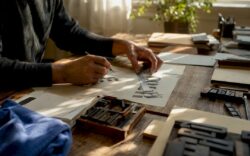 Close-up of hands adjusting typography tools