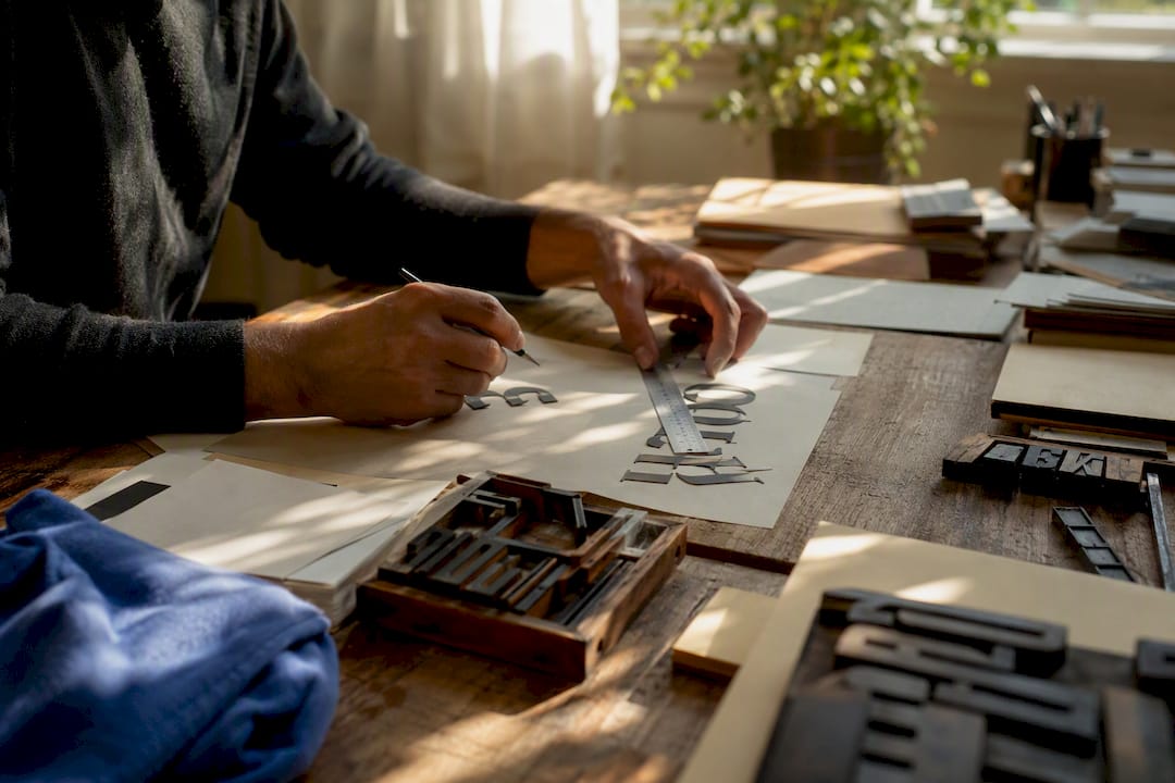 Close-up of hands adjusting typography tools