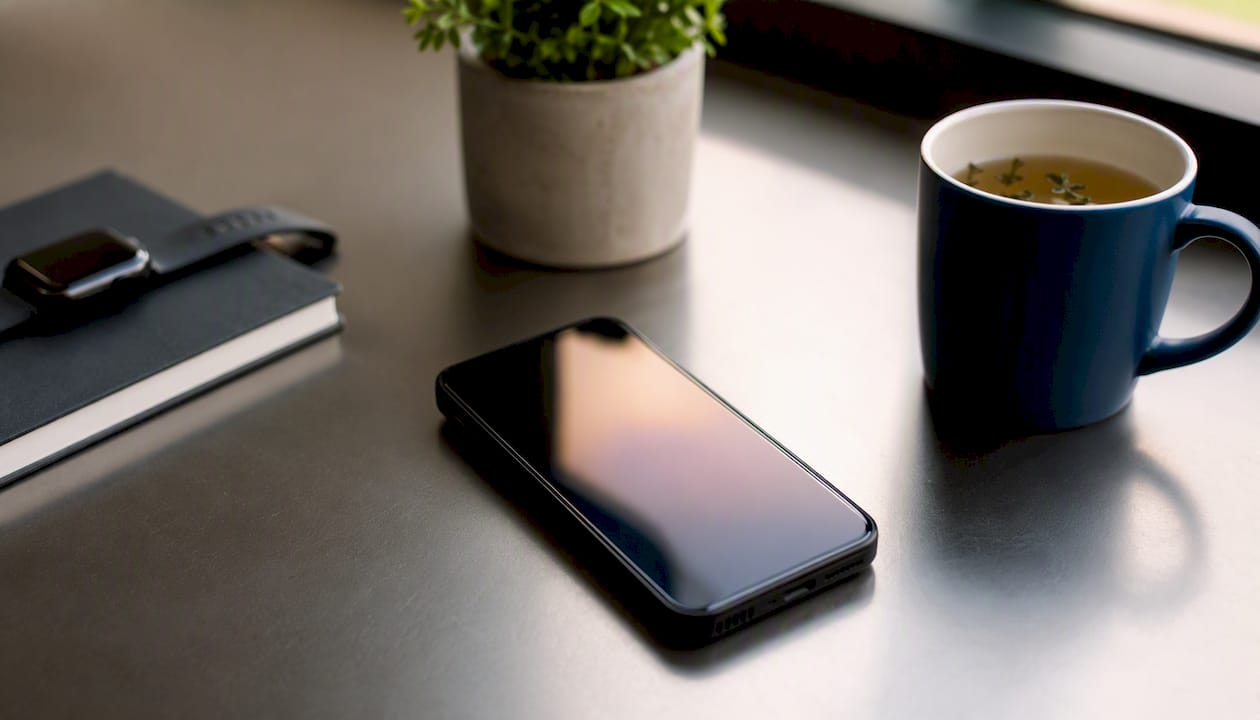 Smartphone and coffee cup illustrating communication batching