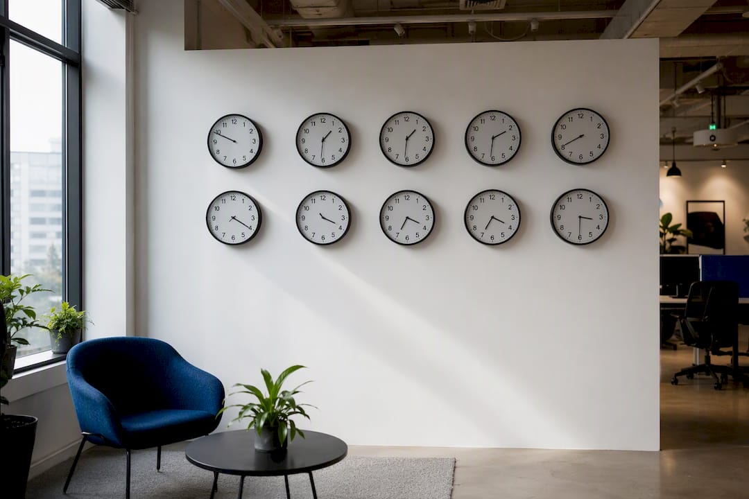 Wall clocks showing multiple global time zones