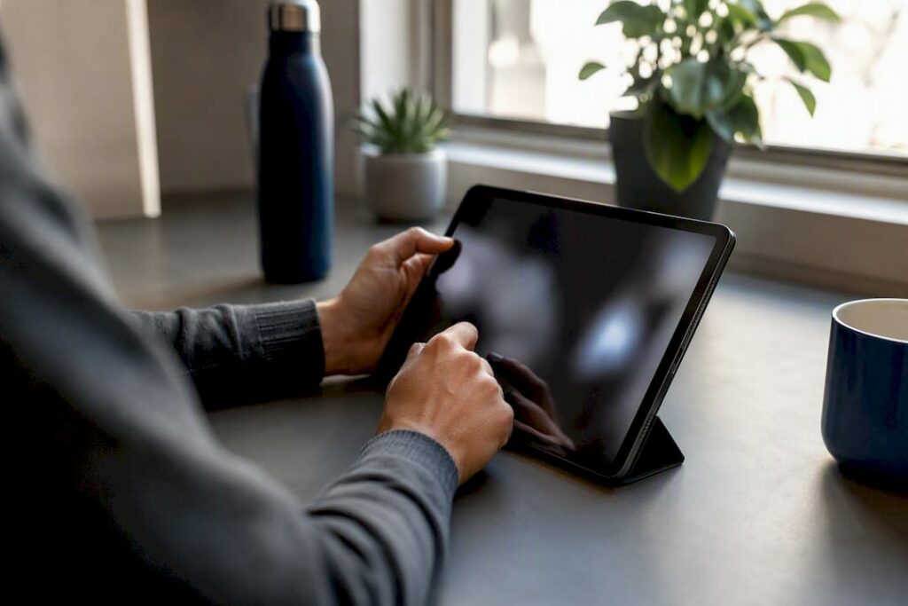Hands updating local business profile on tablet