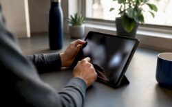 Hands updating local business profile on tablet