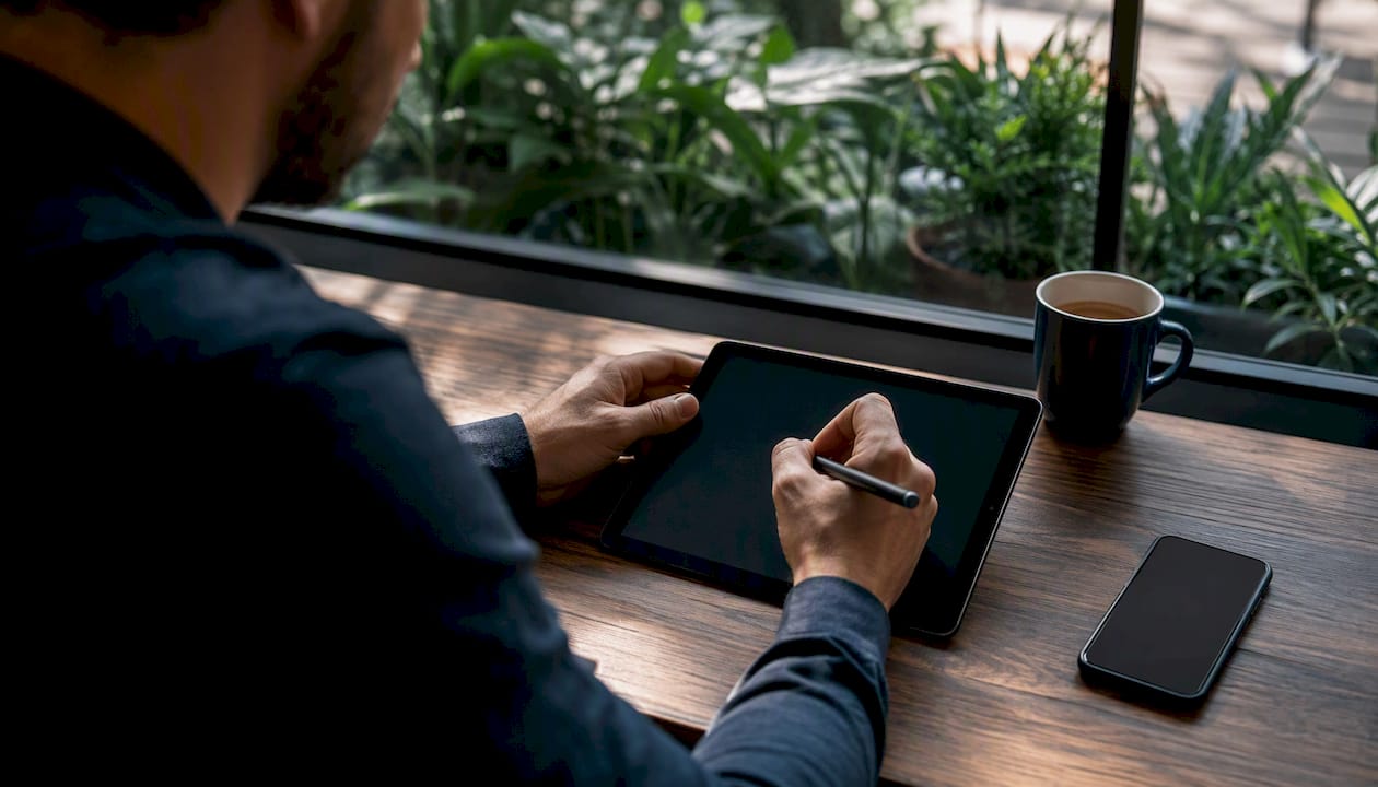 Hand writing JTBD notes on digital tablet
