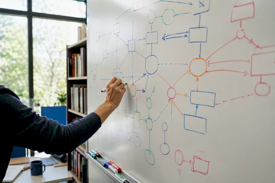 Hands sketching flexible system design on whiteboard