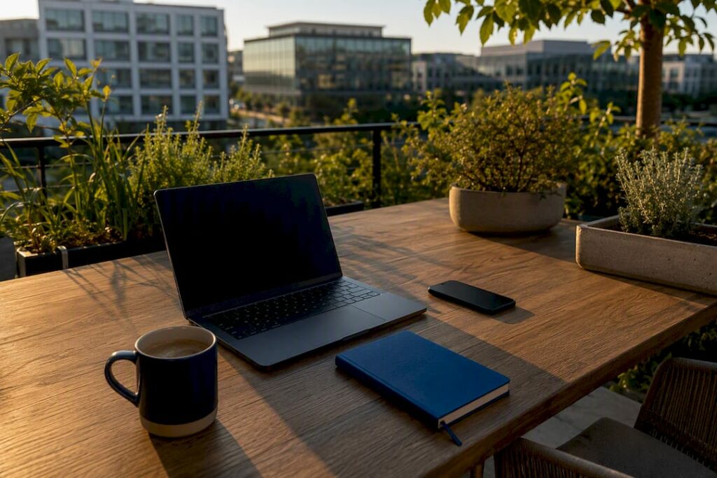 Desk with laptop and headset in hybrid workspace