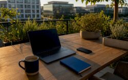 Desk with laptop and headset in hybrid workspace