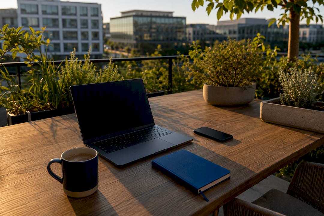 Desk with laptop and headset in hybrid workspace