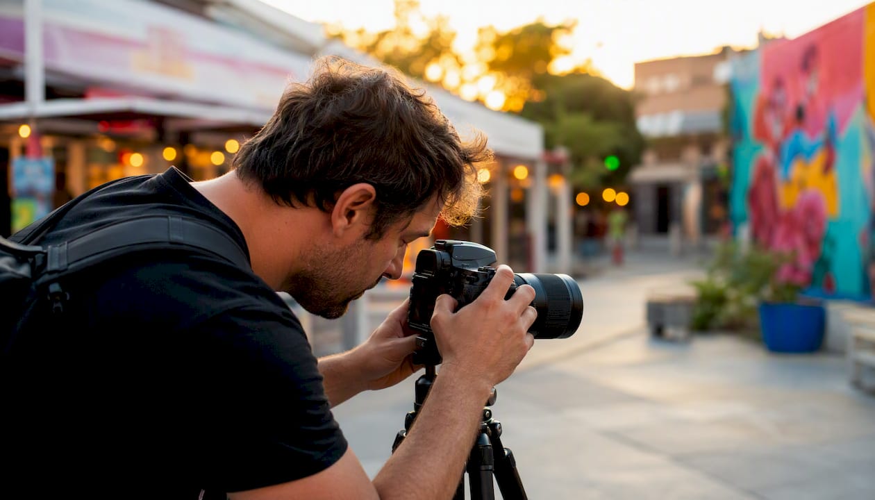 Photographer adjusting DSLR camera outside storefront